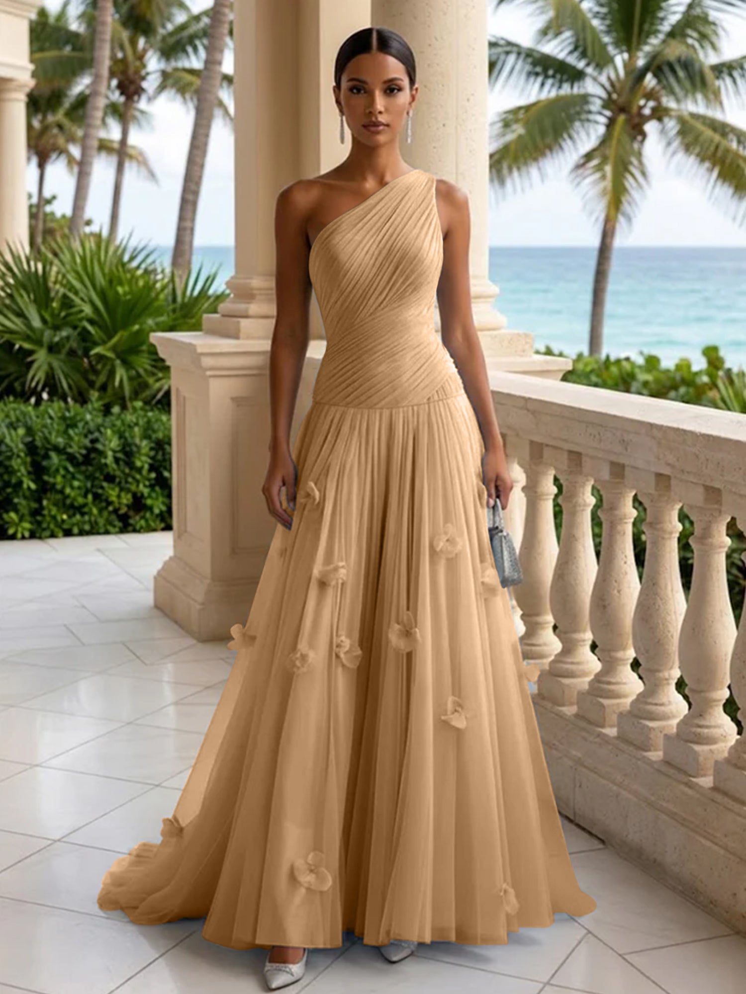 Light Blue Evening Dress with 3D Flower One Shoulder Pleat Maxi Dress
