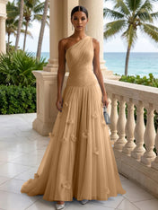 Light Blue Evening Dress with 3D Flower One Shoulder Pleat Maxi Dress
