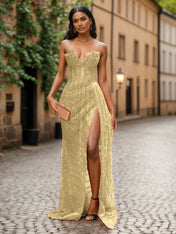 Red Strapless Beaded Fringe Waist Sequin Prom Dress with High Slit
