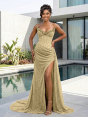 Gold Strapless Pearl-Embellished Corset Prom Dress with Slit