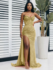 Glitter Orange Strapless Mermaid Sequined Long Prom Dress with Slit