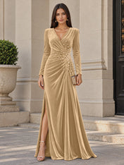 V-Neck Pearl Ruched Burgundy Velvet Floor-Length Evening Dresses with Long Sleeves