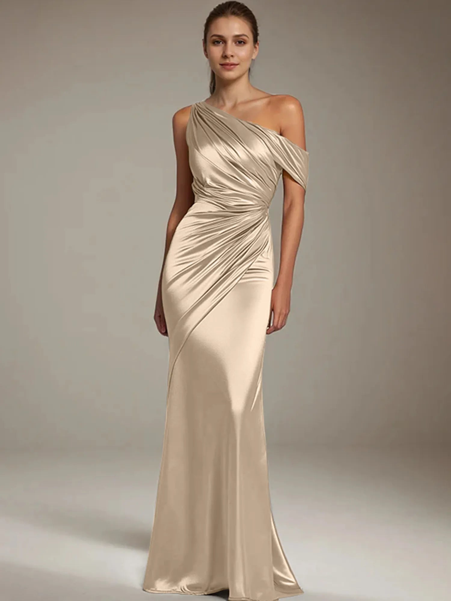 Formal Party Satin Dress Silver One-Shoulder Pleated  Floor-Length Dress