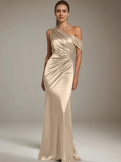 Formal Party Satin Dress Silver One-Shoulder Pleated  Floor-Length Dress