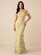 Black Off-the-Shoulder 3D Floral Mermaid Formal Gown Evening Dress