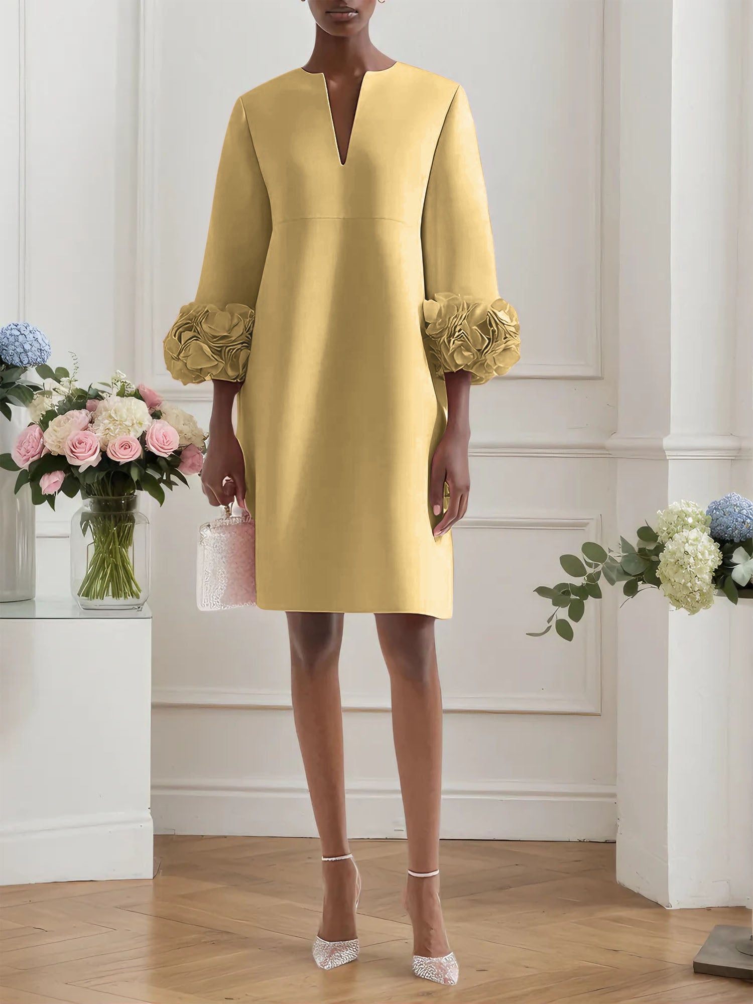 Pink 3D Floral Classic Notched Long Sleeve A-Line Midi Dress