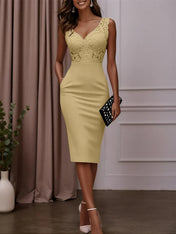 Pink Lace Hotfix Embellished Classic V Neck Sleeveless Sheath Midi Dress