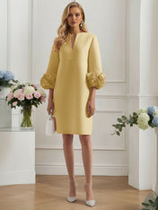 3D Floral Classic Notched Long Sleeve A-Line Midi Dress