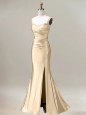 Champagne Mermaid Spaghetti Straps Pleated Long Prom Dress with Slit