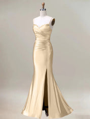 Champagne Mermaid Spaghetti Straps Pleated Long Prom Dress with Slit