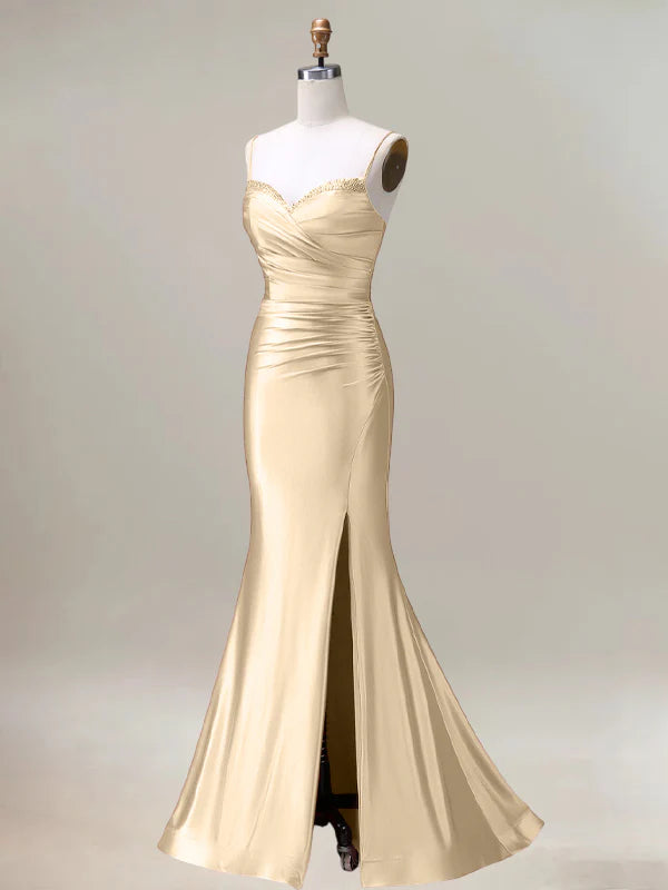 Champagne Mermaid Spaghetti Straps Pleated Long Prom Dress with Slit