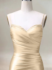 Champagne Mermaid Spaghetti Straps Pleated Long Prom Dress with Slit