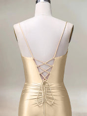 Champagne Mermaid Spaghetti Straps Pleated Long Prom Dress with Slit
