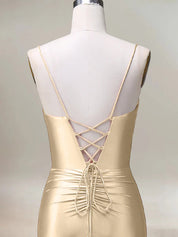 Champagne Mermaid Spaghetti Straps Pleated Long Prom Dress with Slit