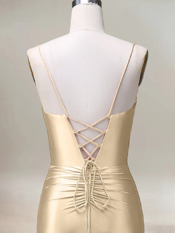 Champagne Mermaid Spaghetti Straps Pleated Long Prom Dress with Slit