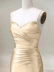 Champagne Mermaid Spaghetti Straps Pleated Long Prom Dress with Slit