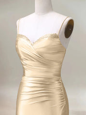 Champagne Mermaid Spaghetti Straps Pleated Long Prom Dress with Slit