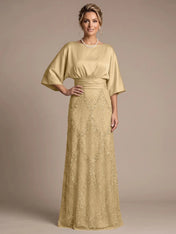 Bateau Neck Satin Evening Gown with 3/4 Batwing Sleeves Mother of The Bride Dresses