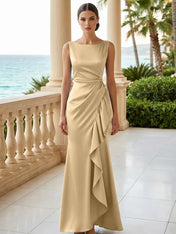 Dusty Blue Scoop Neck Evening Dress with Ruffle Mermaid Maxi Dress