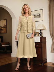 A-line Scoop Tea-Length Lace Chiffon Mother of the Bride Dress With Sequins