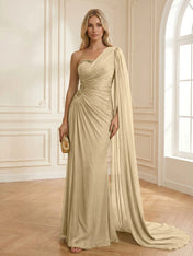 Sage Green One Shoulder Beaded Evening Gown with Cape Sleeve