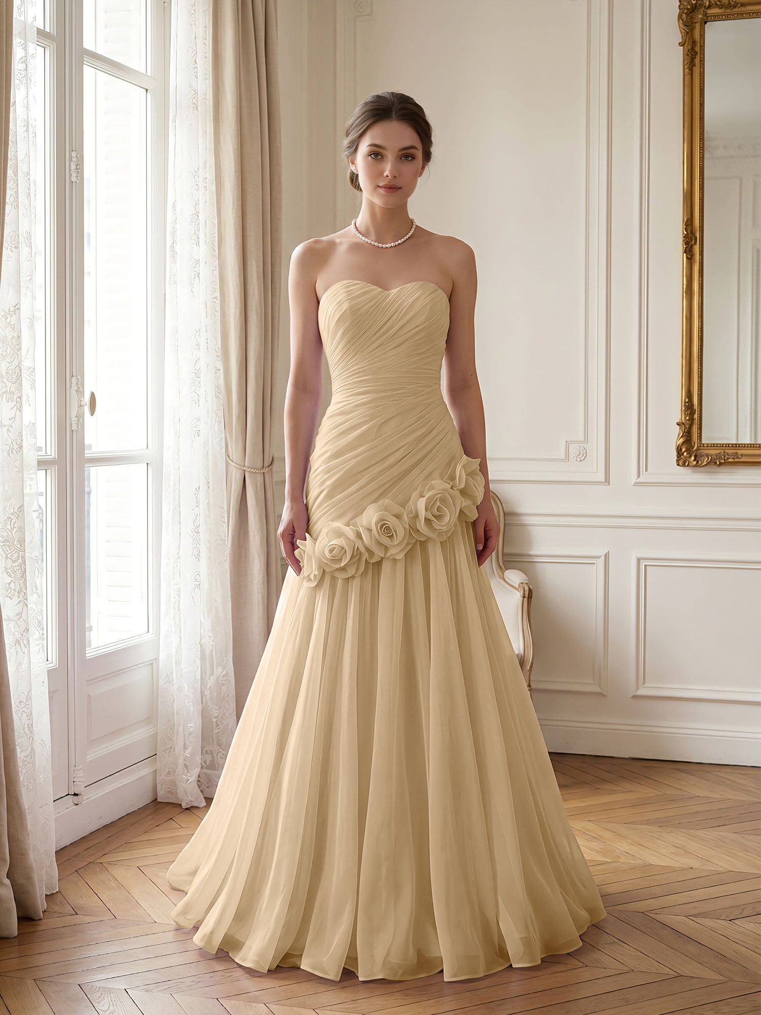 Lilac 3D Rosette Strapless Chiffon Evening Formal Gown Wedding Guest Dress