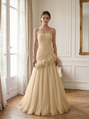 Lilac 3D Rosette Strapless Chiffon Evening Formal Gown Wedding Guest Dress