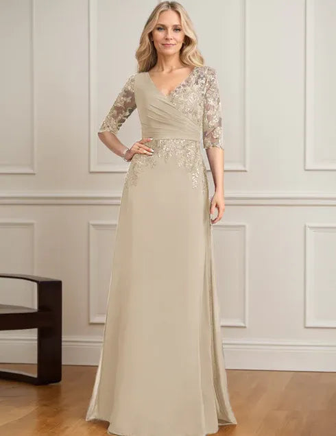 Robe de mère de la mariée trapèze, col en V, longueur au sol, en mousseline de soie et dentelle, avec sequins plissés 