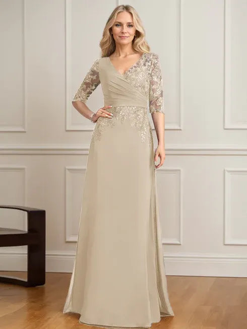 Robe de mère de la mariée trapèze, col en V, longueur au sol, en mousseline de soie et dentelle, avec sequins plissés 