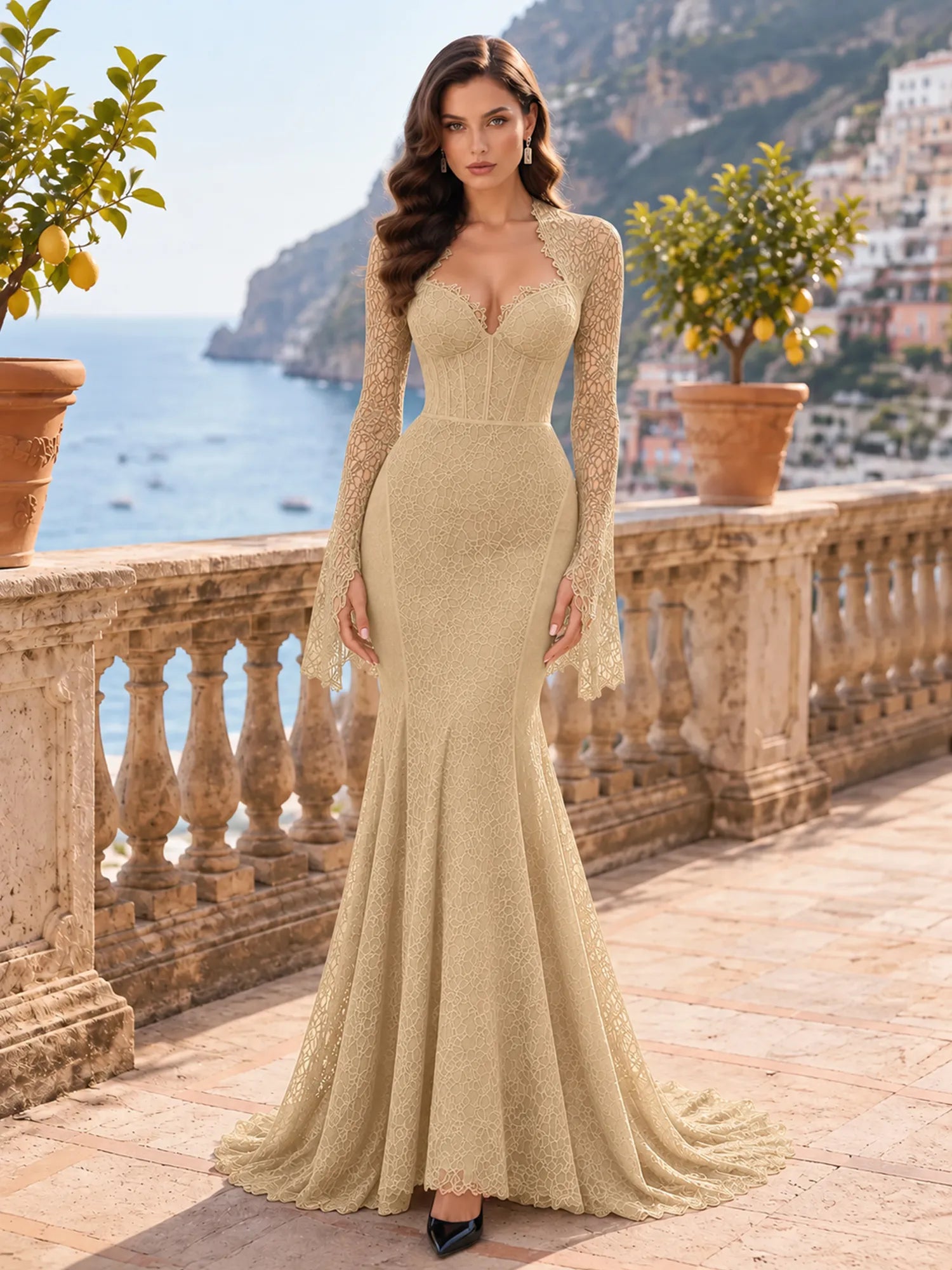 Long-Sleeve Lace-Trimmed Mermaid Evening Dress