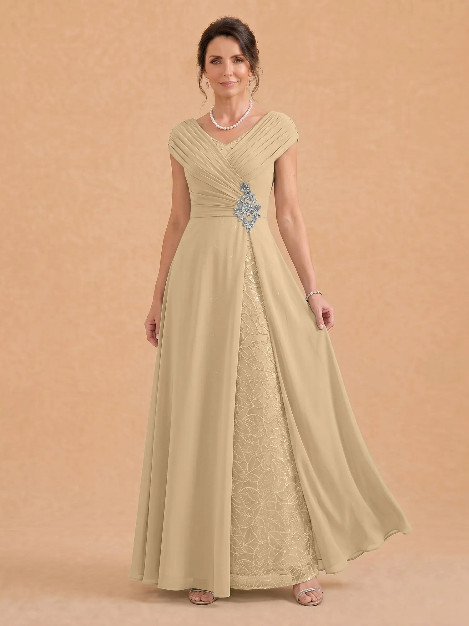 V-Neck Ruched Chiffon A-Line Mother of the Bride Dress with Crystal Brooch