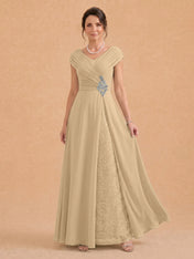 V-Neck Ruched Chiffon A-Line Mother of the Bride Dress with Crystal Brooch