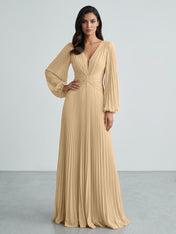 Slate Blue Plunging V-Neck Pleated Long Sleeve Maxi Dress Gown