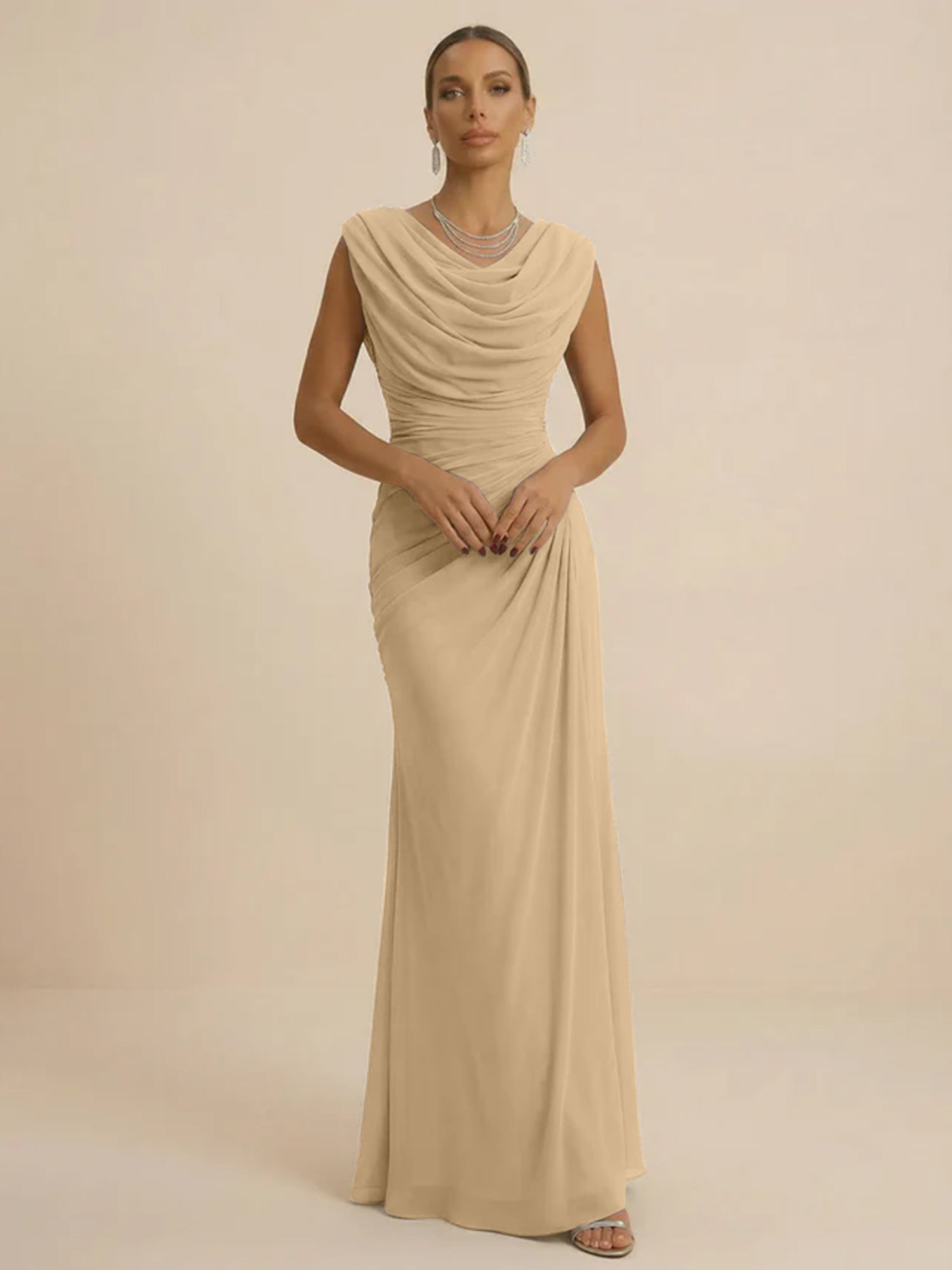 Dusty Grey Draped Cowl Neck Ruched Chiffon Evening Dresses