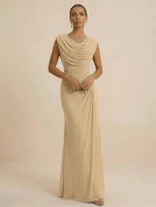 Dusty Grey Draped Cowl Neck Ruched Chiffon Evening Dresses