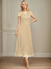 A-line Illusion Scoop Tea-Length Lace Chiffon Mother of the Bride Dress With Sequins