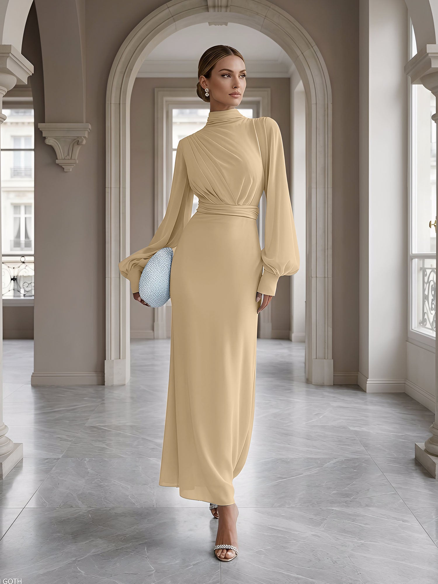 Ice Blue High-Neck Bishop Sleeve Gown Foraml Evening Dress