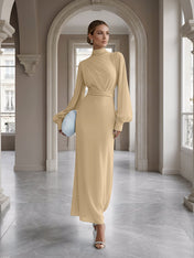 Ice Blue High-Neck Bishop Sleeve Gown Foraml Evening Dress