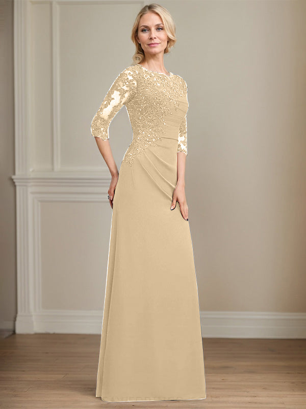 A-line Scoop Floor-Length Chiffon Lace Mother of the Bride Dress With Beading Pleated Sequins