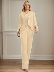 Separates Jumpsuit/Pantsuit V-Neck Floor-Length Chiffon Mother of the Bride Dress