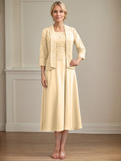 A-line Scoop Tea-Length Lace Chiffon Mother of the Bride Dress
