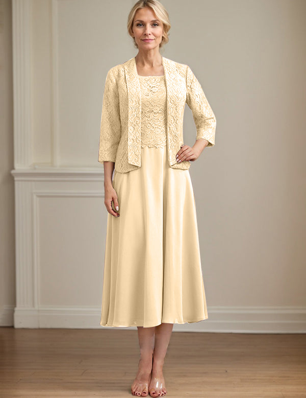 A-line Scoop Tea-Length Lace Chiffon Mother of the Bride Dress