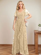 A-Line V-Neck Asymmetrical Lace Mother of the Bride Dress With Cascading Ruffles