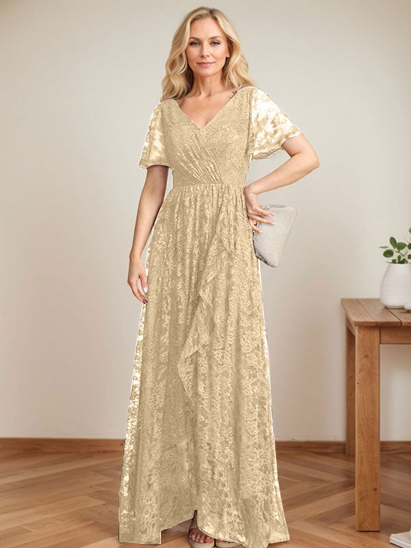 A-Line V-Neck Asymmetrical Lace Mother of the Bride Dress With Cascading Ruffles