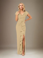 Sheath/Column V Neck Short Sleeve Floor Length Chiffon Dress With Cascading Ruffles