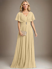 A-line V-Neck Floor-Length Chiffon Mother of the Bride Dress With Crystal Brooch Pleated