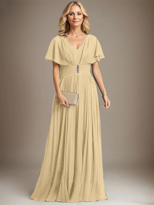 A-line V-Neck Floor-Length Chiffon Mother of the Bride Dress With Crystal Brooch Pleated