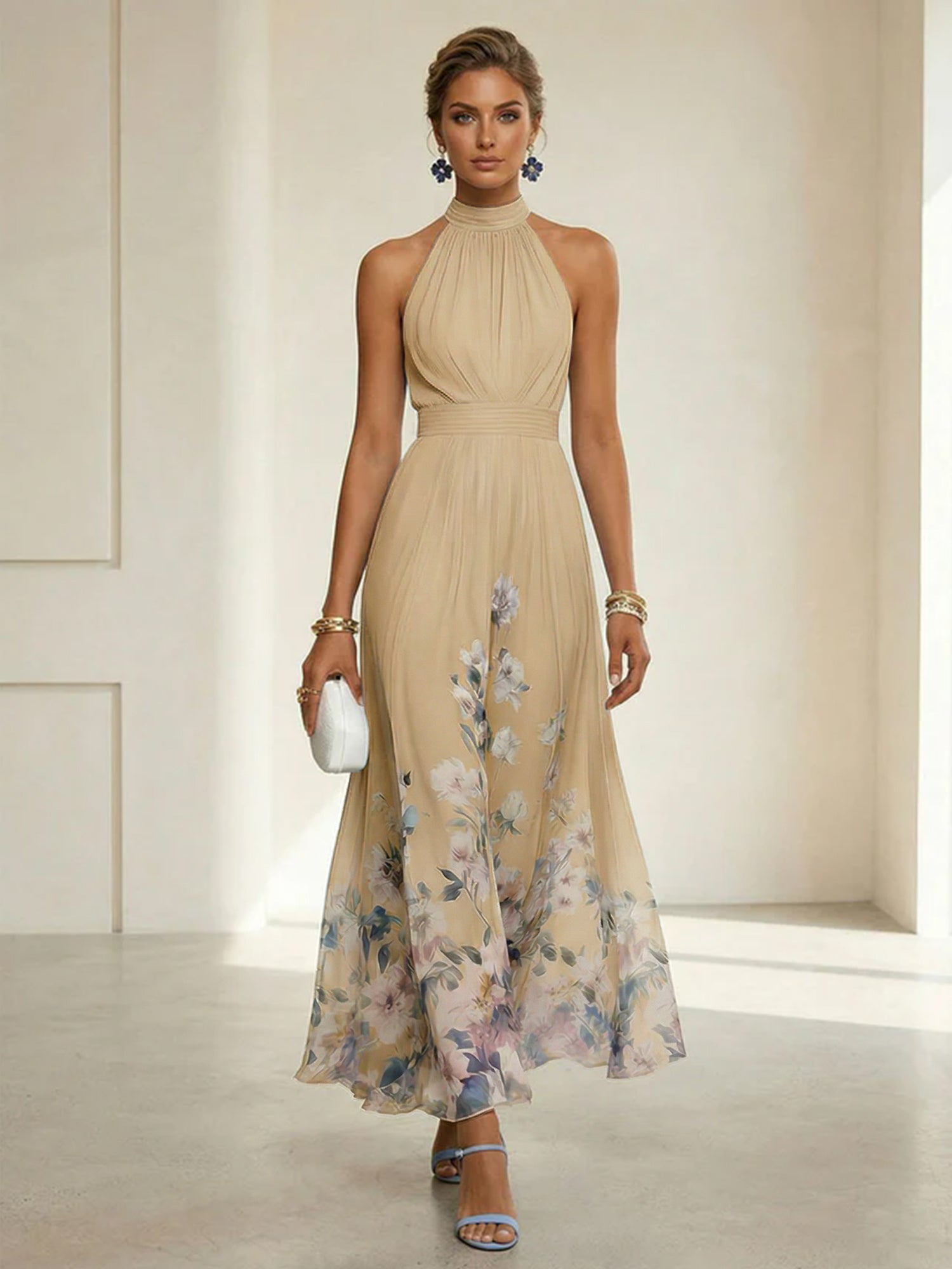 Light Blue Floral Chiffon Halter Sleeveless A-Line Maxi Dress Gown