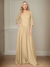 A Line Chiffon V Neck 3/4 Sleeves Floor-Length Mother Of The Bride Dress With Appliques