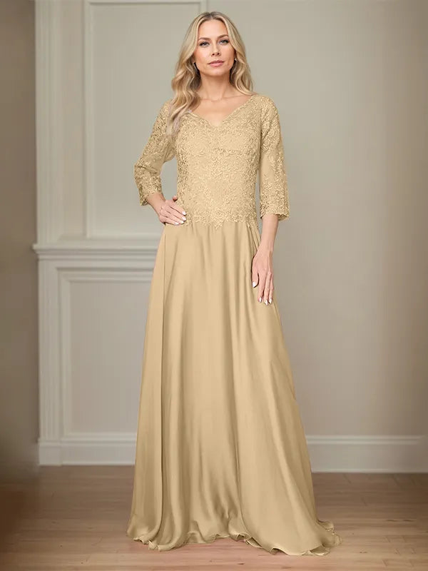 4 Sleeves Floor-Length Mother Of The Bride Dress With Appliques